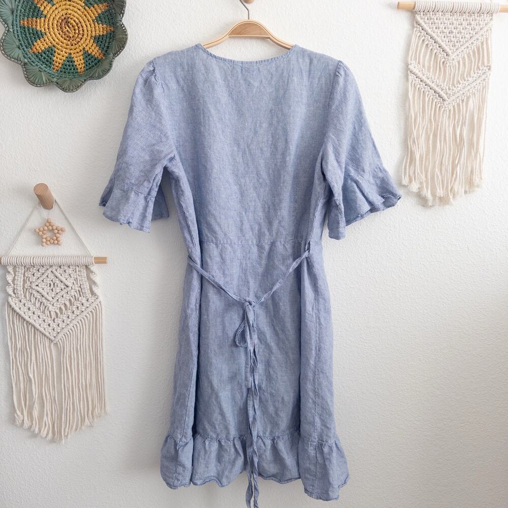 GAP Large Linen and Cotton Blue and White Stripe Ruffle Wrap Dress - Picture 2 of 7
